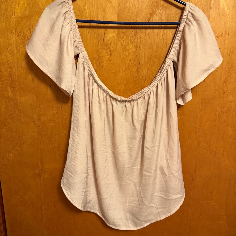 American Eagle Outfitters Light Beige Off-Shoulder Flutter Sleeve Top